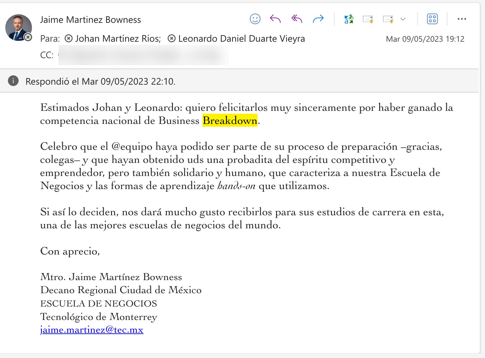 Email from the regional dean of Tec de Monterrey's business school congratulating Johan on the national Business Breakdown win, May 2023.